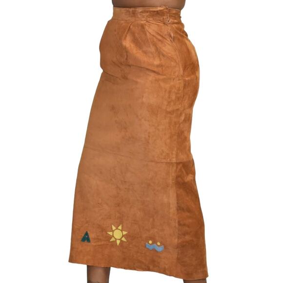 Vintage Eagles Eye Suede Skirt Brown Embroidered Straight Column Camel Size 2 XS - Picture 1 of 15
